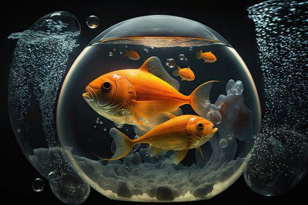 fish in transparent orange torpedoes lives in water at bottom of ocean aquarium fish in space, created with generative aiの素材