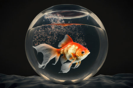 white red striped goldfish in bowl on table, aquarium fish in space, created with generative aiの素材