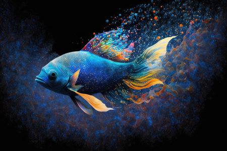 blue multicolored tropical aquarium fish in space flying away, created with generative aiの素材