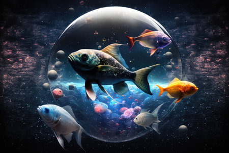 flying fish among planets and stars in space aquarium fish in space, created with generative aiの素材