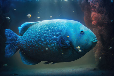 huge blue fish in water at bottom of ocean, aquarium fish in space, created with generative aiの素材