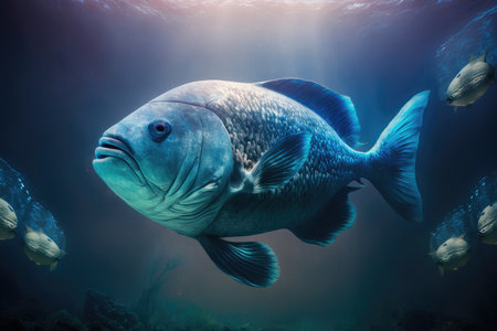 huge blue fish in water at bottom of ocean, aquarium fish in space, created with generative aiの素材