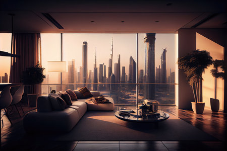 luxury apartment, with majestic view of the city skyline and towering buildings, created with generative aiの素材