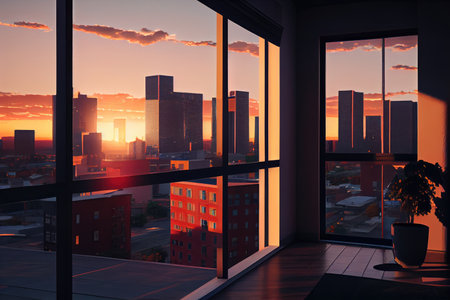 apartment building, with clear view of the city skyline, and sunsets in the background, created with generative aiの素材