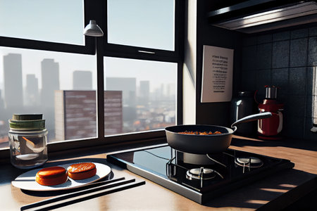 top-floor apartment with view of sizzling hot skillet and frying eggs, created with generative aiの素材
