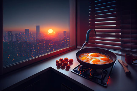 top-floor apartment with view of sizzling hot skillet and frying eggs, created with generative aiの素材