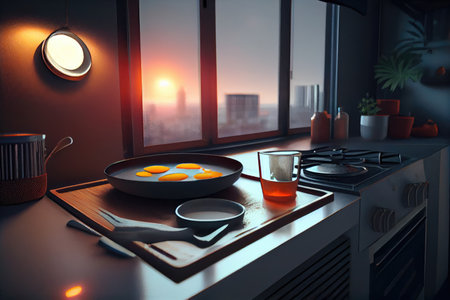 top-floor apartment with view of sizzling hot skillet and frying eggs, created with generative aiの素材