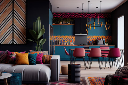 vibrant mix of colors, patterns, and textures in modern apartment interior, created with generative aiの素材
