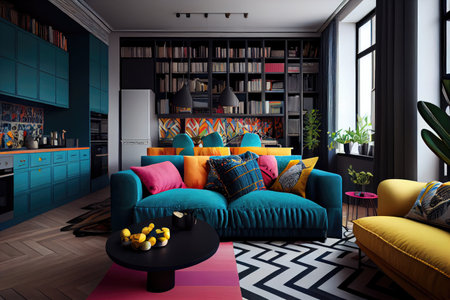 vibrant mix of colors, patterns, and textures in modern apartment interior, created with generative aiの素材