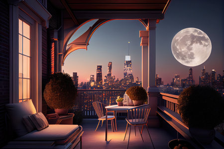 apartment rooftop terrace with view of the city skyline, sunsets and moonrises, created with generative aiの素材