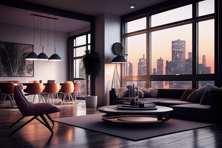 luxury apartment, with view of the city skyline and modern architecture, created with generative aiの素材