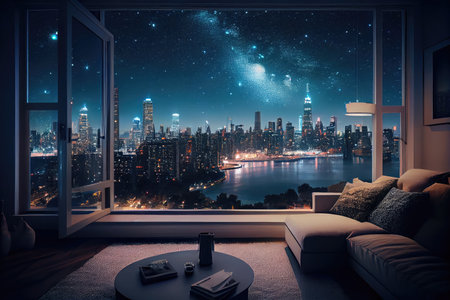 luxury apartment with a view of the city skyline at night, stars shining above, created with generative aiの素材