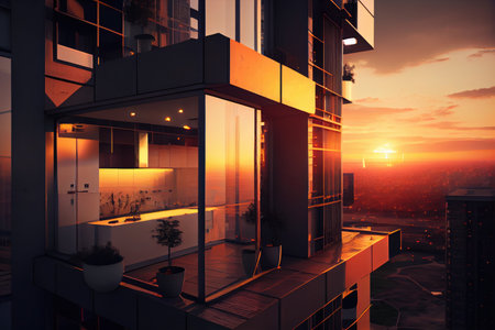 high-rise apartment building, with view of cityscape and sunset in the background, created with generative aiの素材