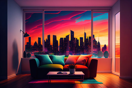 apartment with stunning sunset view of the city skyline, with colorful sky and silhouetting buildings, created with generative aiの素材