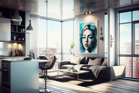 apartment with a view of bustling city center, full of life and energy, created with generative aiの素材