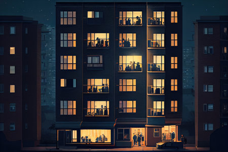 view of apartment building, with the lights coming on in the evening and residents returning home, created with generative aiの素材