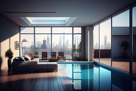 apartment with rooftop swimming pool and view of the city skyline, created with generative aiの素材