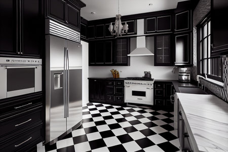 a kitchen with sleek black and white design and stainless steel appliances, created with generative aiの素材