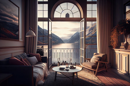top-floor apartment with beautiful lake view in the background, created with generative aiの素材