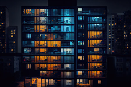 nighttime view of modern apartment building with lights shining from windows, created with generative aiの素材