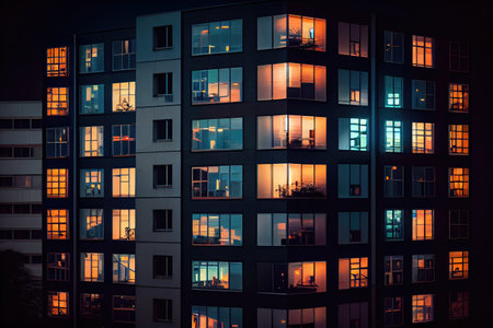 nighttime view of modern apartment building with lights shining from windows, created with generative aiの素材