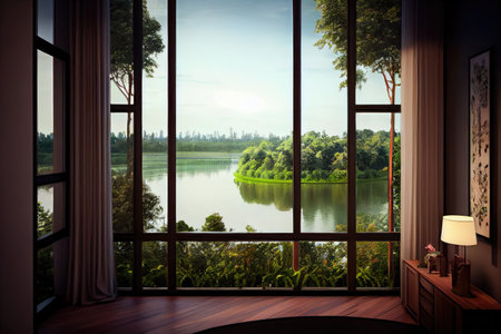 apartment view with lush green park and lake in the foreground, created with generative aiの素材