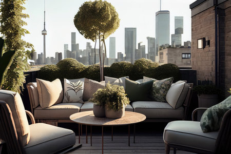 a rooftop terrace with a view of the city skyline, surrounded by greenery, created with generative aiの素材