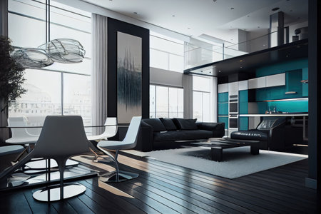 modern apartment with contemporary interior, featuring sleek furniture and glass accents, created with generative aiの素材