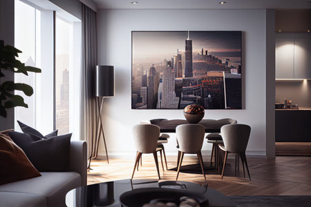 luxury apartment, with view of busy city center, including towering skyscrapers and bustling streets, created with generative aiの素材