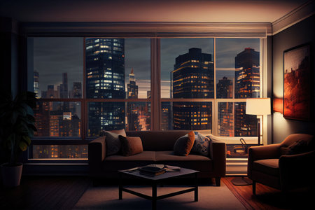 downtown apartment with view of bustling city center and tall buildings, created with generative aiの素材