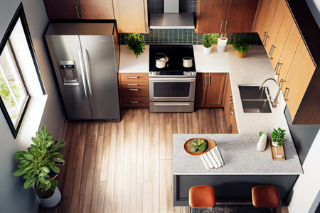 top-down view of modern kitchen with sleek appliances, cabinetry, and countertops, created with generative aiの素材