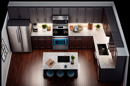 top-down view of modern kitchen with sleek appliances, cabinetry, and countertops, created with generative aiの素材