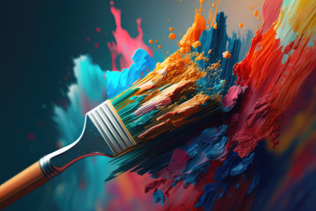 a close-up of a painters brush, with fresh and vibrant paint strokes, created with generative aiの素材