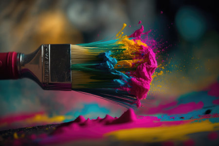 a close-up of a painters brush, with fresh and vibrant paint strokes, created with generative aiの素材