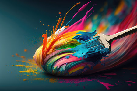 a close-up of a painters brush, with fresh and vibrant paint strokes, created with generative aiの素材
