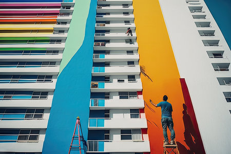 a person, painting the walls of high-rise apartment with bright and bold colors, created with generative aiの素材
