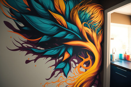close-up of a fresh and vibrant wall painting in an apartment, created with generative aiの素材