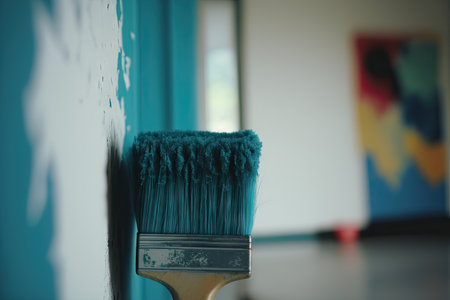 close-up of fresh paint finish on apartment wall, with roller and brush in view, created with generative aiの素材