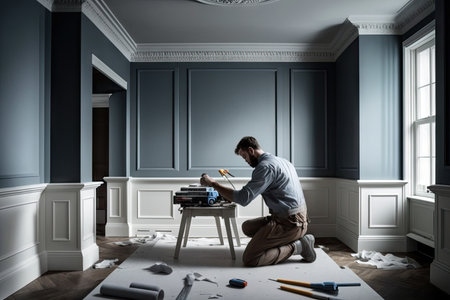 a painter finishing the final details of a room makeover, including trim and hardware, created with generative aiの素材