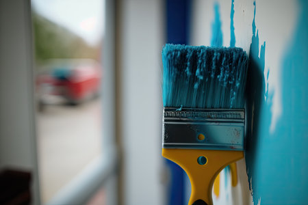 close-up of paintbrush, painting a fresh coat on apartment walls, created with generative aiの素材