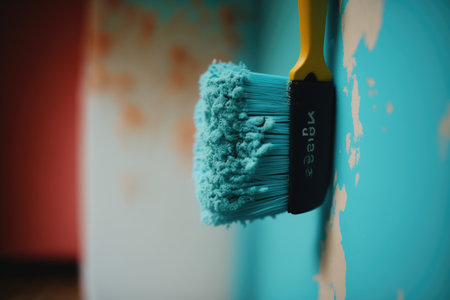 a project close-up of a roller paint brush on freshly painted walls, created with generative aiの素材