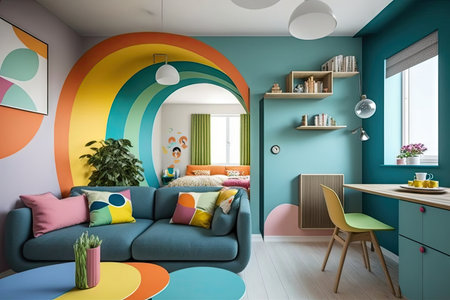 apartment with bright and colorful walls, creating fun and inviting atmosphere, created with generative aiの素材