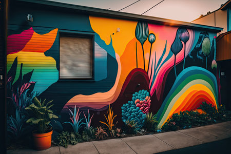 a vibrant, colorful mural on an apartment wall, created with generative aiの素材