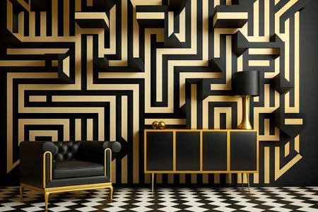 wall with bold, geometric pattern and sleek black furniture, created with generative aiの素材