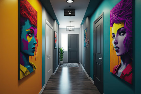 a wall of vibrant colors in an apartment hallway, created with generative aiの素材