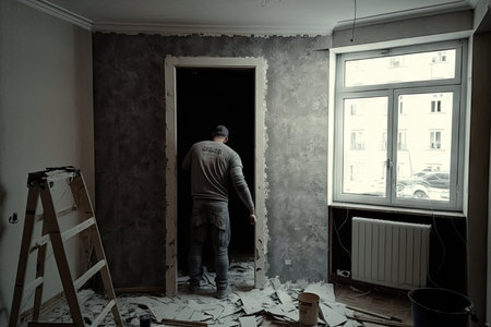 wallpapering one of the walls in an apartment that is being renovated, created with generative aiの素材