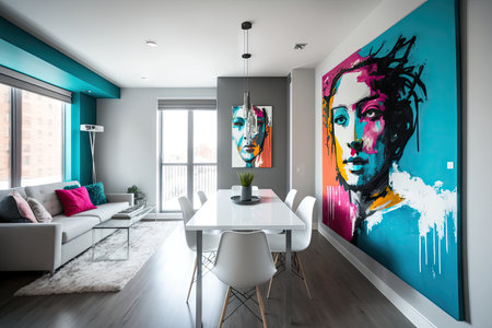 completed renovation, with stylish and modern apartment, featuring wall art and pops of color, created with generative aiの素材