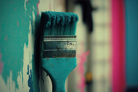 a close-up of a brush with paint, on freshly painted walls, created with generative aiの素材