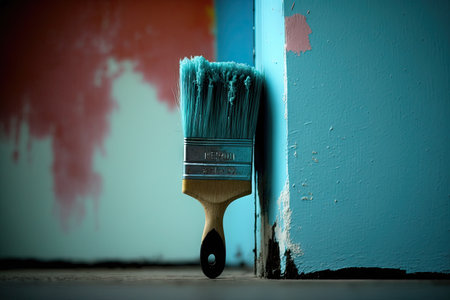 a close-up of a brush with paint, on freshly painted walls, created with generative aiの素材