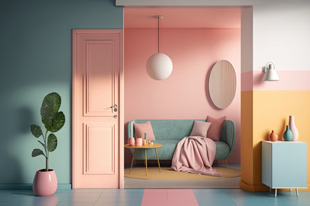 a room with modern interior design and minimalist style, where the walls are painted in a warm pastel color, created with generative aiの素材